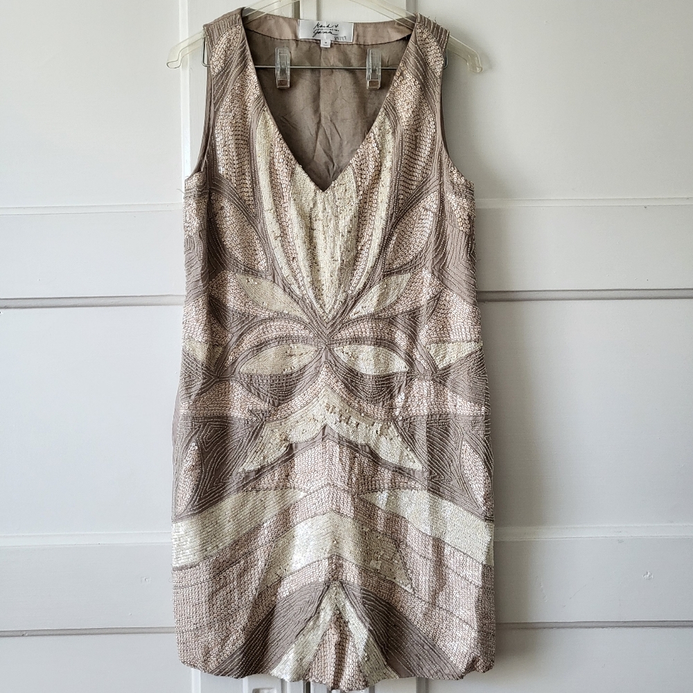 Mark + James Badgley Mischka Beaded Flapper Dress Taupe Lotus
